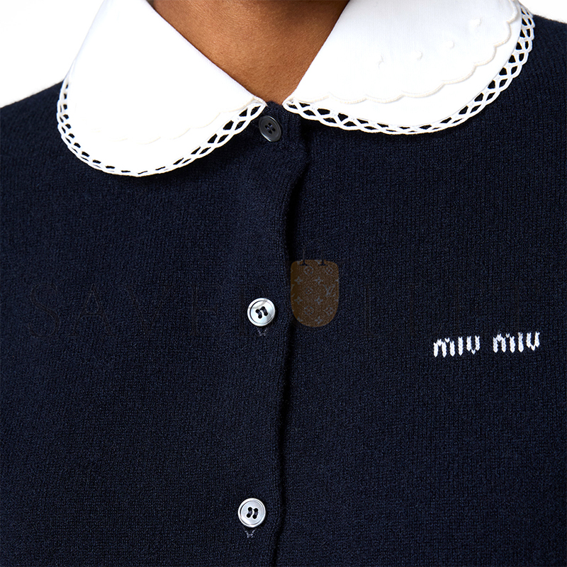 MIU MIU CASHMERE CARDIGAN WITH EMBROIDERED POPLIN COLLAR MMF01S